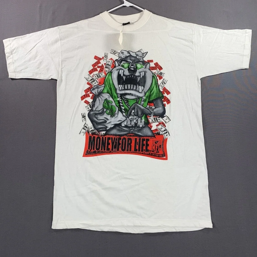 Money For Life Shirt Mens 3XL White Graphic Taz Devils Cartoon Hip Hop Tee FLAWS